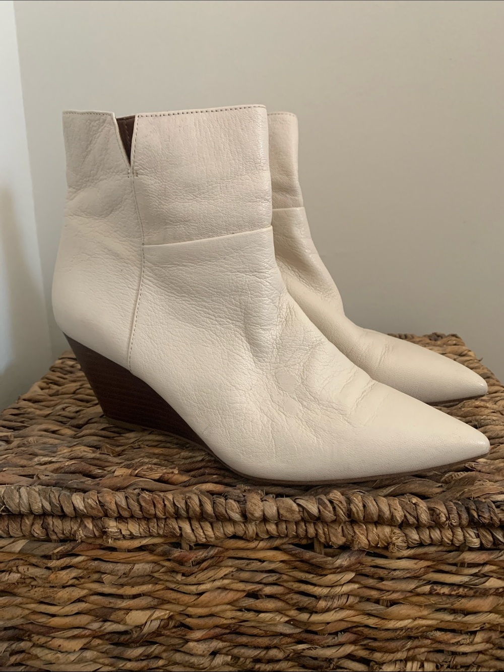 Franco Sarto Cream Pointed Wedge Ankle Booties